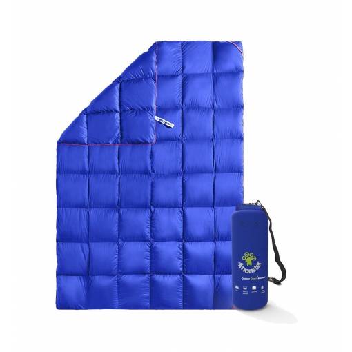 Foto - Outdoorová ultralehká péřová deka - Mřížková, modrá 178 x 127 cm