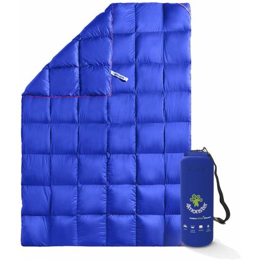 Foto - Outdoorová ultralehká velká péřová deka - Mřížková, modrá